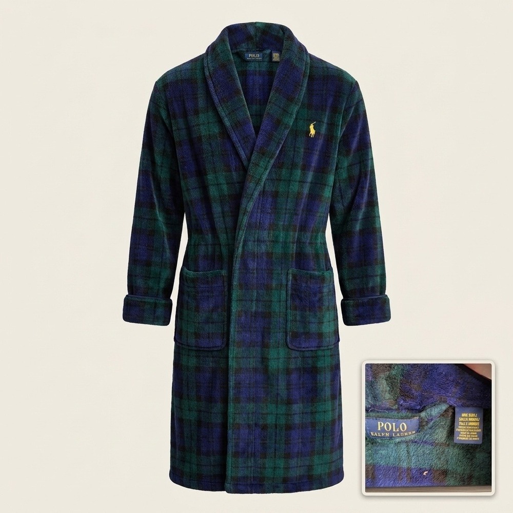 Polo Ralph Lauren Blackwatch Plaid Fleece Robe Blue Green One Size OS